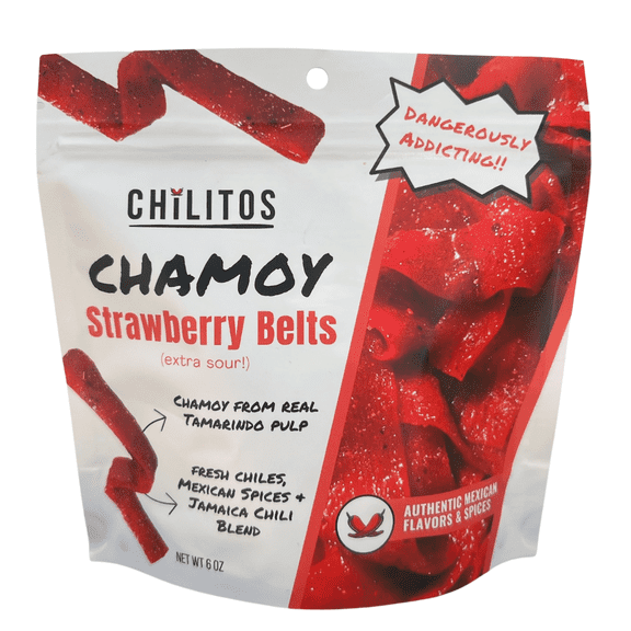 Chilitos Strawberry Sour Belts Chamoy Candy, Infused with Tamarindo Chamoy and Chili Coated Mexican Candy, 6 oz Bag