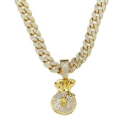 Fachoice Dollar Money Bag Pendant for Men Rhinestone Dollar Sign Cuban Necklace, Hip Hop Money Bag Cuban Chain Necklace Gold CZ Dollar Bag Cuban Necklace Men’s Rapper Dollar Money Bag Jewelry