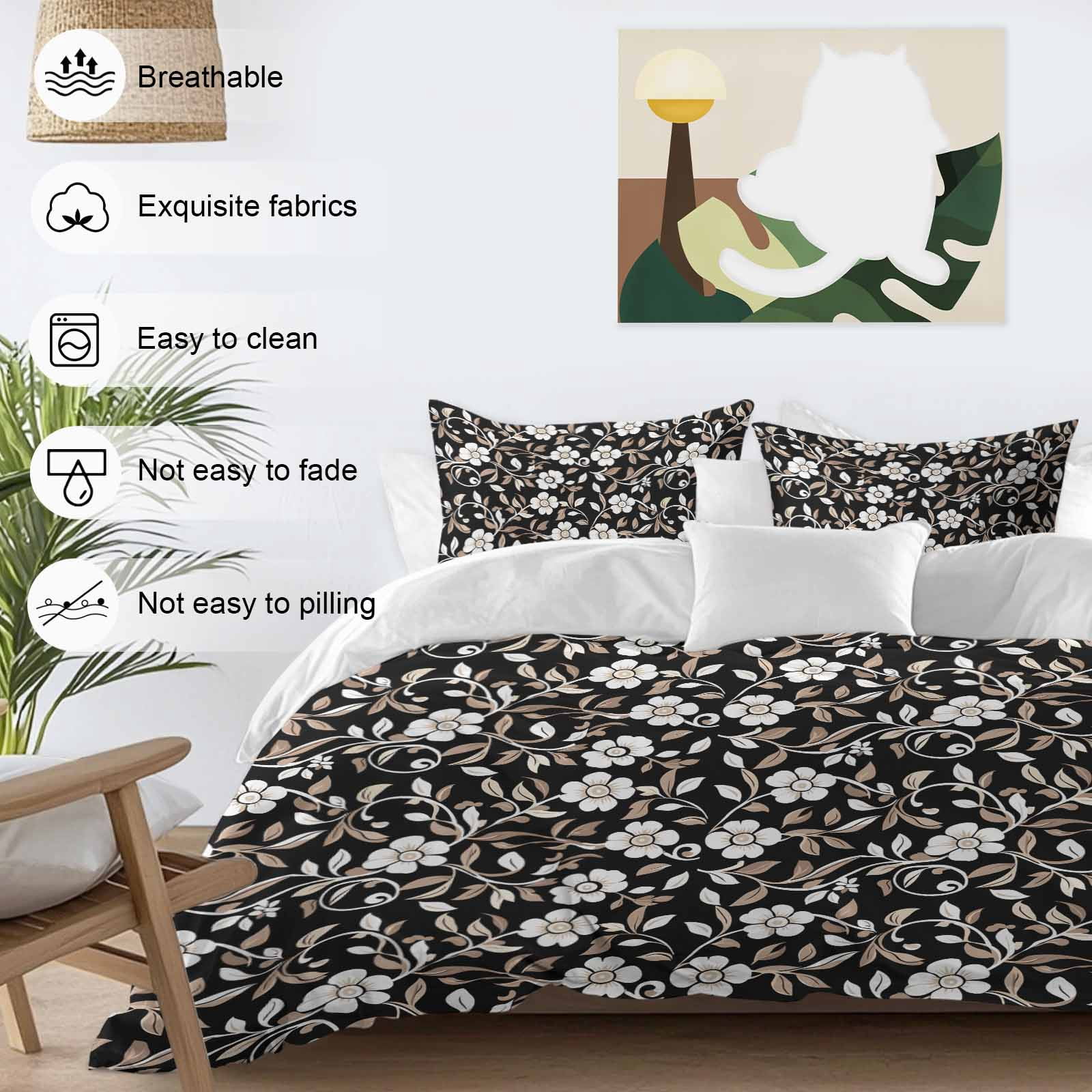 Black White Floral Duvet Cover Set, Farmhouse Vintage Botanical Leaves Soft Duvet Cover California King Bedding Set 4 Pieces, 1 Quiltcover and 2 Pillowcases with Zipper, 1 Bed Sheet for All Seasons
