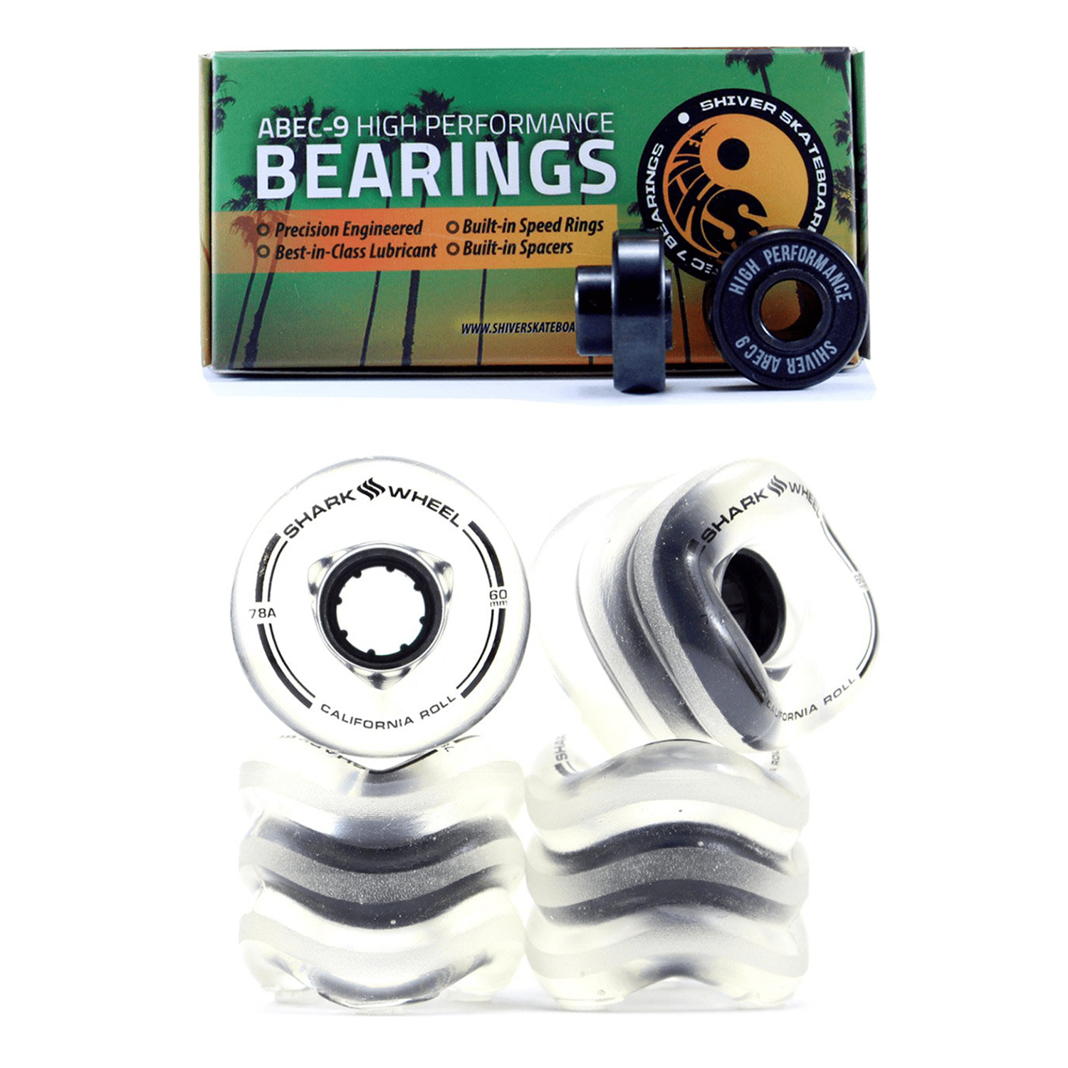 Shark Wheel California Roll 60mm 78A Wheels, Clear + 8 Shiver Abec 9