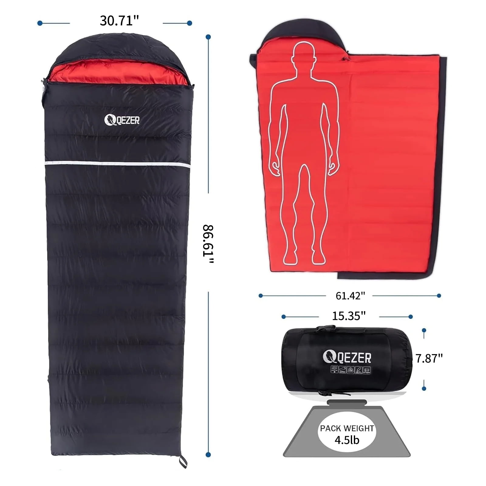 QEZER 10°F Ultra-Warm Lightweight Adult Sleeping Bag Compression Sack - for Winter Backpacking, Camping & Hiking