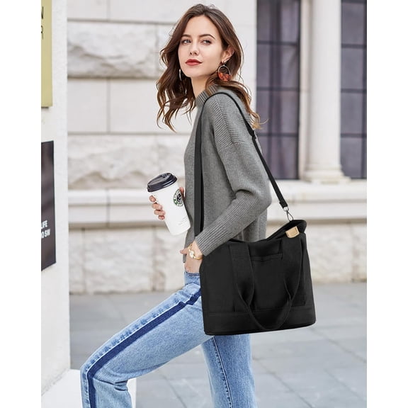 Mrmosy Canvas Tote Bag for Women Small Tote Bag with Zipper Canvas Crossbody Bag Shoulder Bag Satchel Handbag with Compartments