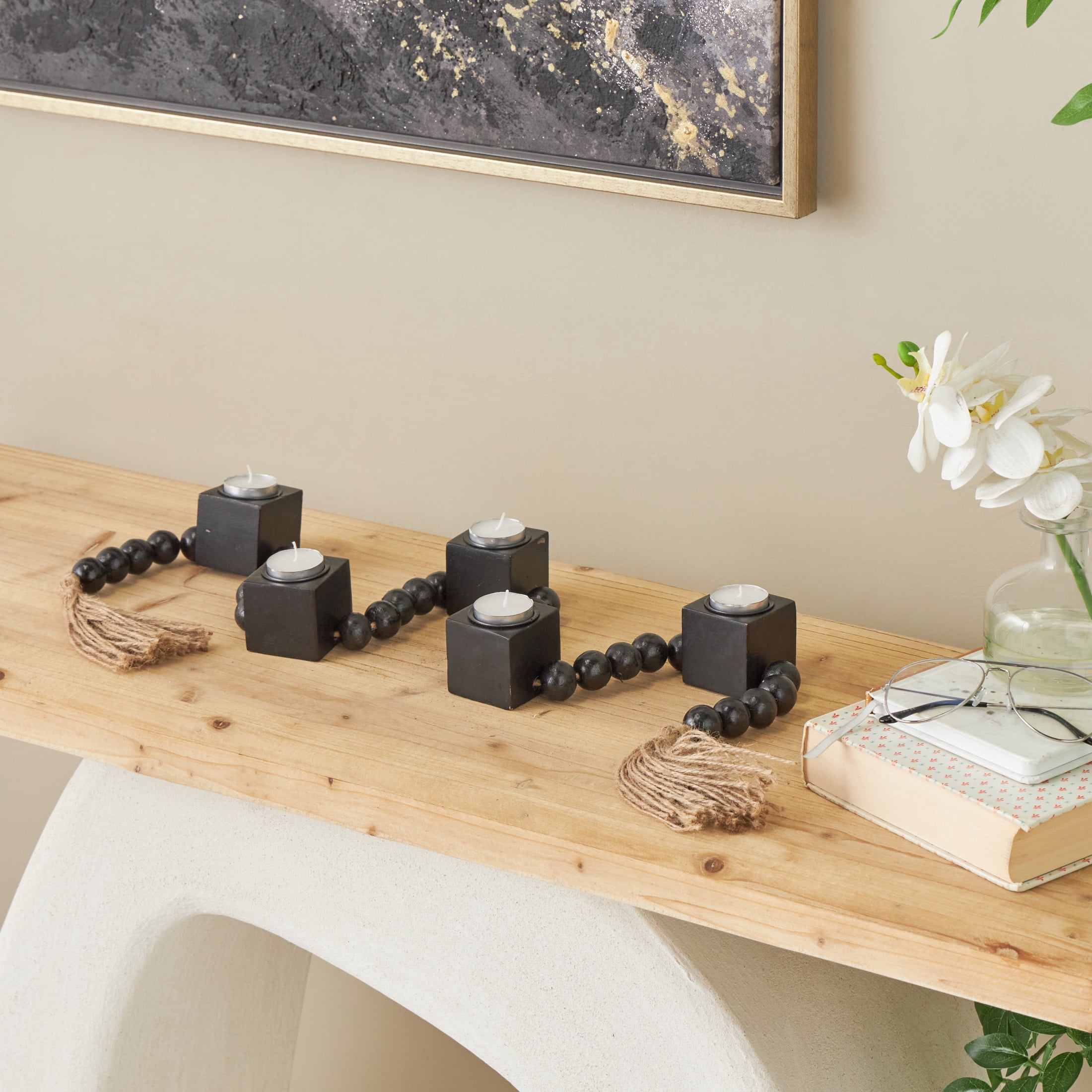 DecMode 5 Candle Black Wood Square Garland Candle Holder with Brown Tassel