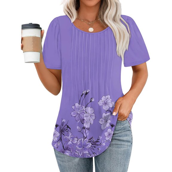 CaiJunJia T Shirts for Women,Women's Causal Flower Pleated Tops Summer Short Sleeve T Shirts Crew Neck Loose Blouses