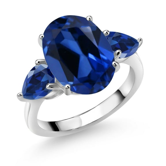 Gem Stone King 925 Sterling Silver Blue Simulated Sapphire and Blue Created Sapphire Ring for Women (8.00 Cttw, 14X10MM Oval and 7X5MM Pear Shape, Gemstone, Size 5)