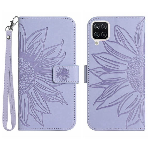 Mantto for Samsung Galaxy A12 5G Wallet Case with Wrist Strap,Stylish Sunflower Embossed PU Leather Shockproof Protective Magnetic Clasp Flip Kickstand Card Slots Phone Cover,Lightpurple