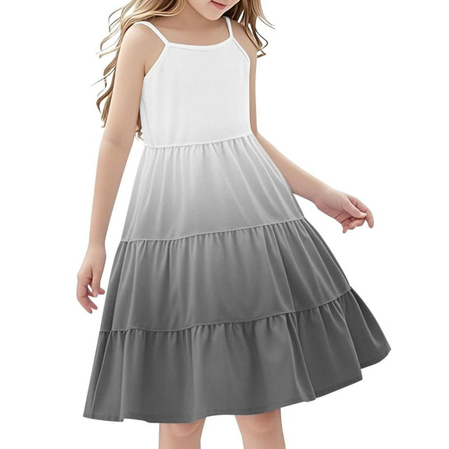 Bwiyojiz Tailles Mode 110-160 Robe Sans Manches à Col Rond Longueur Genou Robe d'Été pour Tout-Petite Fille Boho à Bretelles Décontractée à Étages Cami Robes pour 4-14 Ans, 13 Ans, Cadeaux pour la Famille, Gris