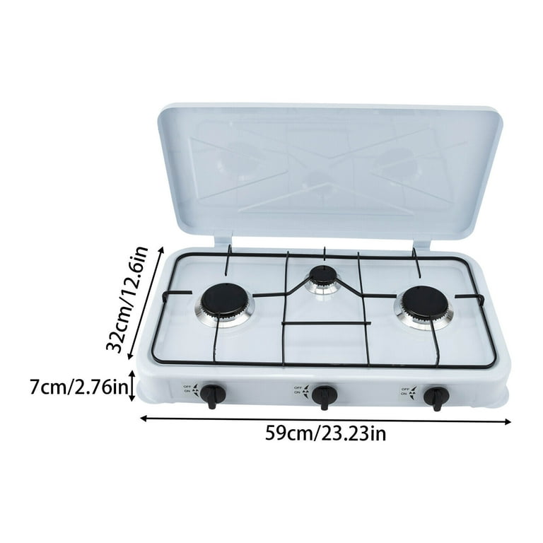 White 3-Burner Gas Cooktop – Cast Aluminum, Rectangular Design, With Hose & Pressure Regulator