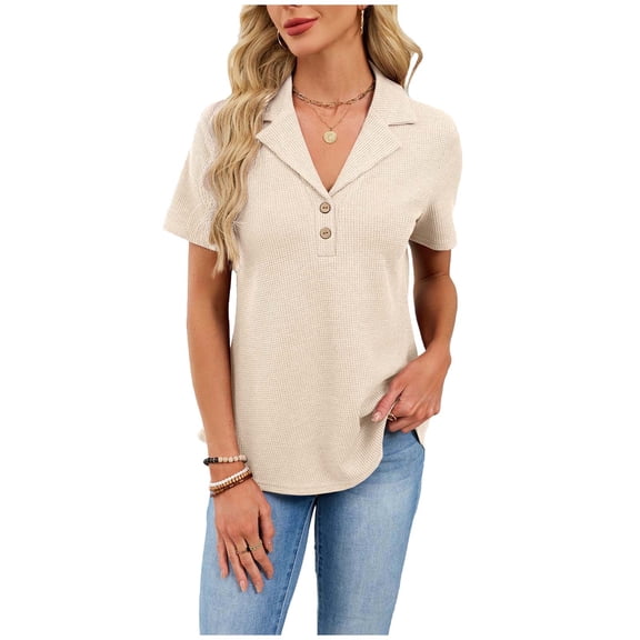 Women's Knit Button Lapel V Neck Dressy T shirt Short Sleeve Lightweight Casual Summer Tunic Tops
