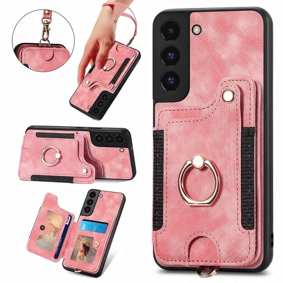 Asuwish Phone Case for Samsung Galaxy S22 5G Wallet Cell Cover with Tempered Glass Screen Protector Slim Lanyard Wrist Strap RFID Ring Stand Credit Card Holder Slot S 22 22S 4G G5 6.1 inch Pink
