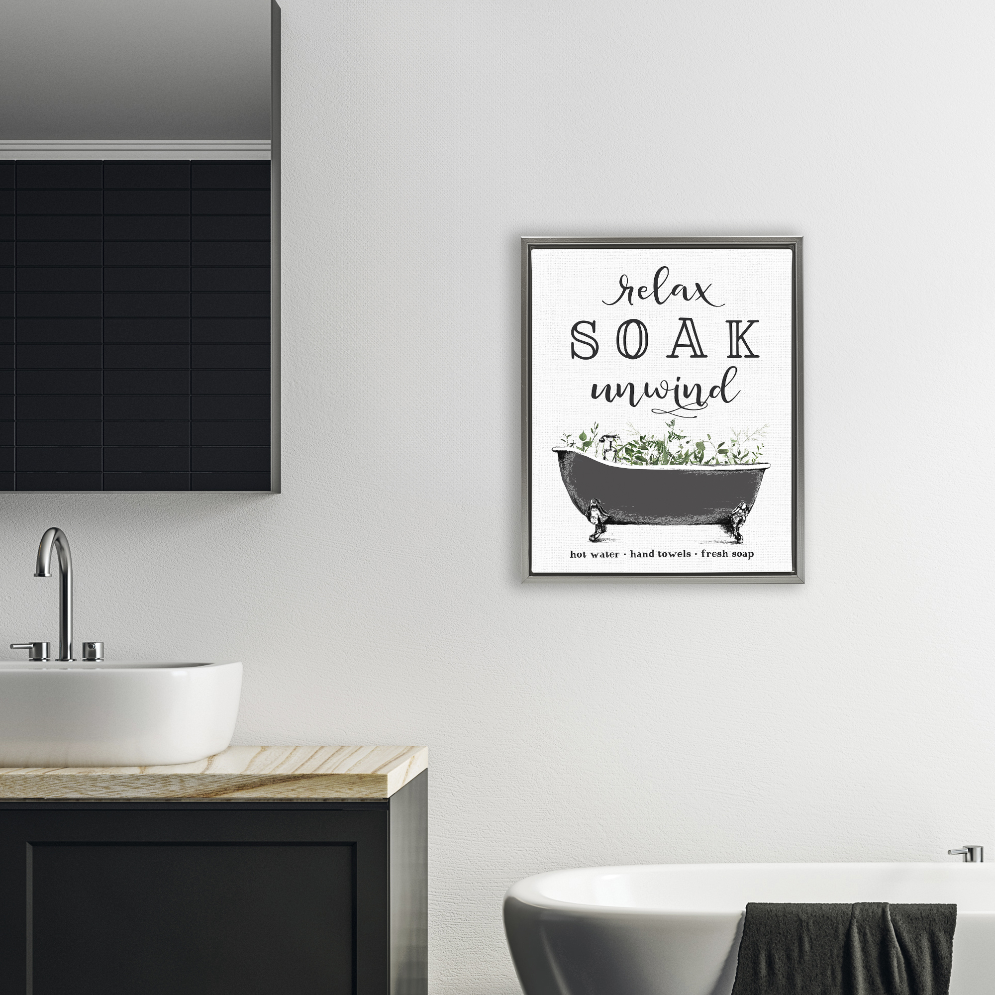 Vintage Bathing Reminders Gray Framed Floater Canvas Wall Art, design by Lettered and Lined