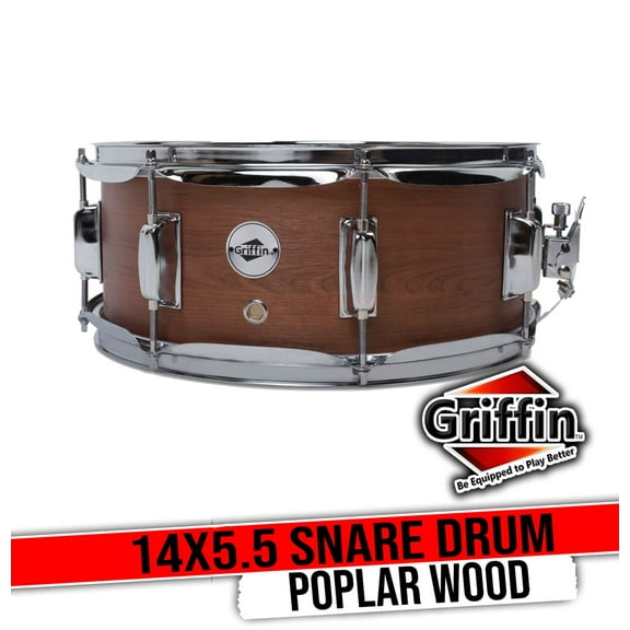 Snare Drum by Griffin - Poplar Wood Shell 14" x 5 - 5" with Flat Hickory PVC Finish 8 Tuning Lugs & Snare Strainer Percussion Musical Instrument with Drummers Key for Students & Professionals