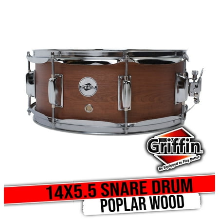 Snare Drum by Griffin - Poplar Wood Shell 14" x 5 - 5" with Flat Hickory PVC Finish 8 Tuning Lugs & Snare Strainer Percussion Musical Instrument with Drummers Key for Students & Professionals