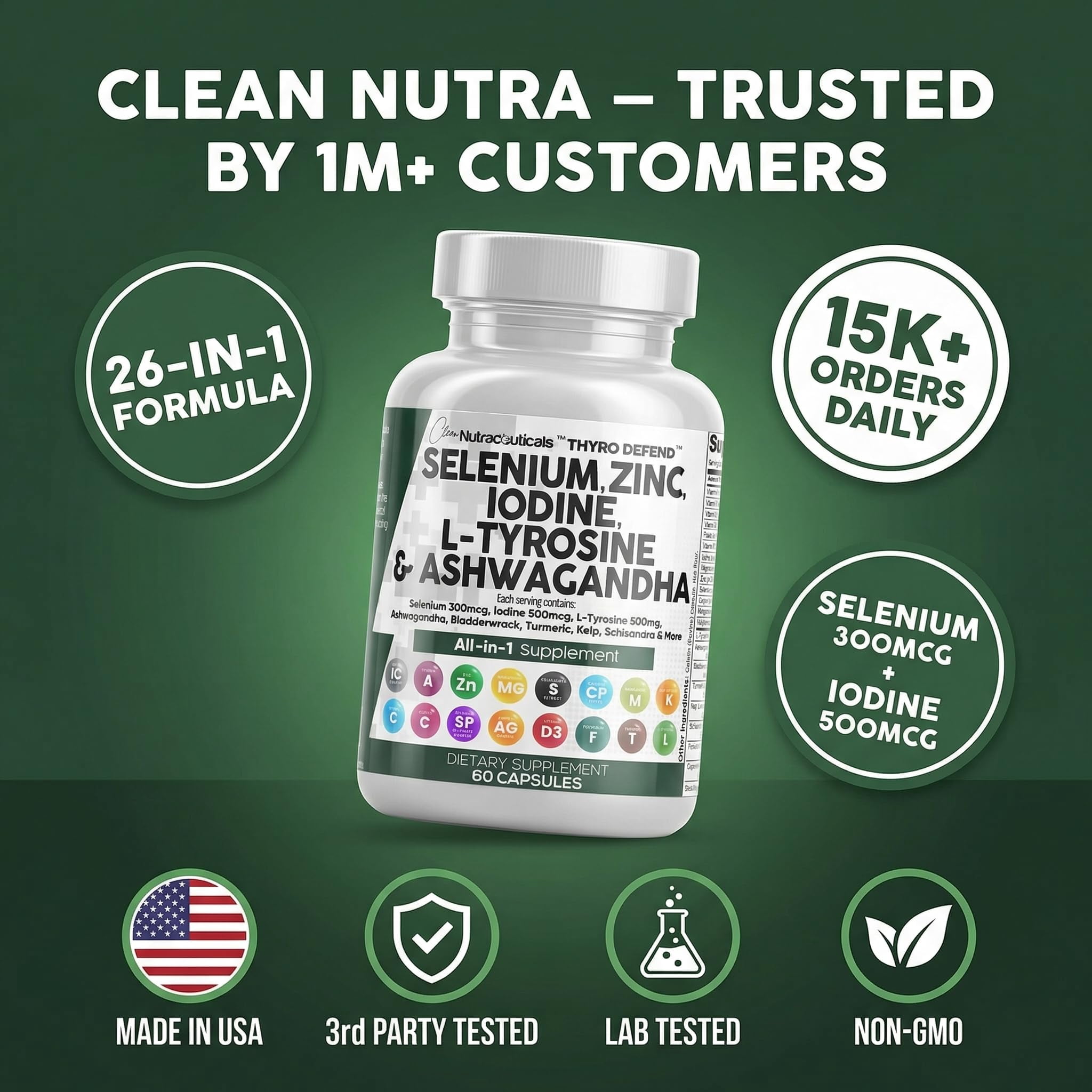 Clean Nutra Selenium 300mcg Iodine 500mcg Thyroid Support for Women & Men | L Tyrosine 500mg Ashwagandha Supplement Bladderwrack, Turmeric, Kelp, Schisandra Zinc Pills Capsule Supplements