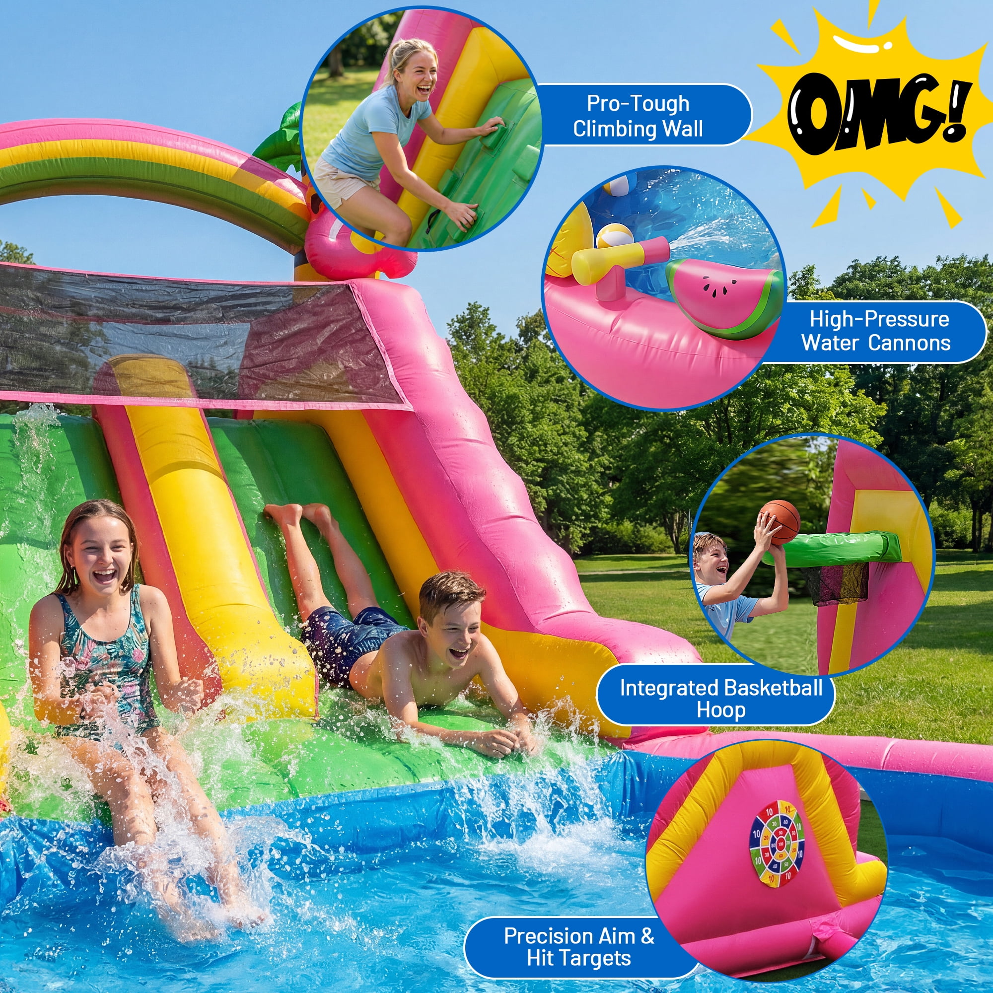HEMOPOW 23FT Heavy-Duty Inflatable Water Slide for Backyard & Events, Flamingo Theme with Dual Slides, Splash Pool, 600lbs Capacity, Fast Setup for Teens/Adults