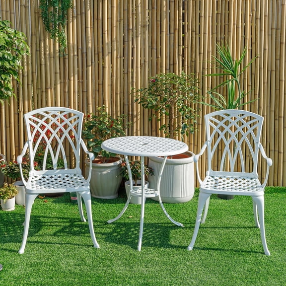Withnture 3-Piece White Cast Aluminum Bistro Set, All-Weather Outdoor Dining Set, Rustproof Patio Furniture for Garden Deck Small Space