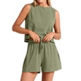 thumbnail image 3 of Xuanfei Women Solid Color Round Neck Sleeveless Top Drawstring Shorts Two Pieces Sets, 3 of 7