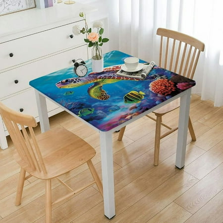 

QFMY Turtles Corals Sea Life Square Table Cover with Elastic Edge 100% Polyester Fiber 40*40