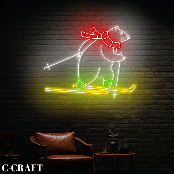 C-CRAFT White Bear Skiing Neon Led Light for Christmas Kid Room Wall Art Decor