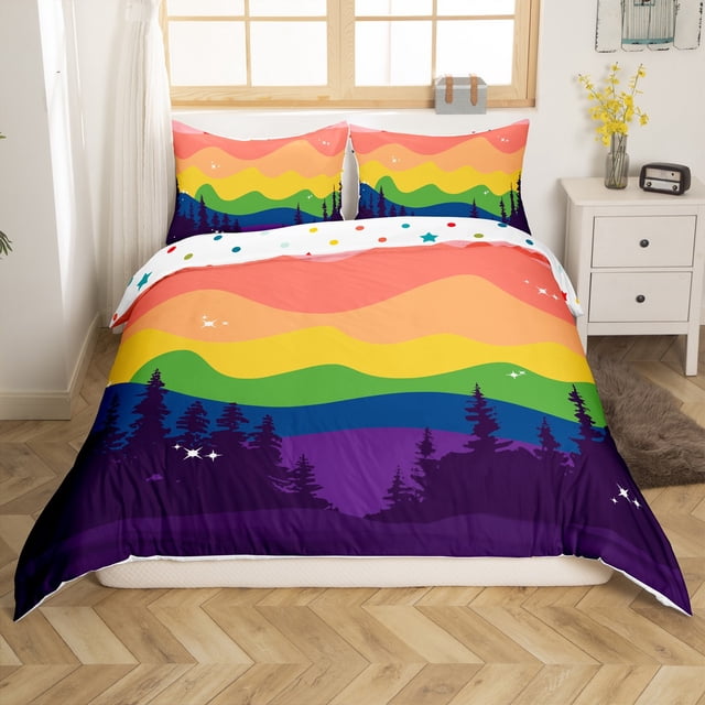 Erosebridal Rainbow Wave Stripe Duvet Cover Toddler, Jungle Tree Silhouette Bed Set, Reversible 2pcs (No Comforter)