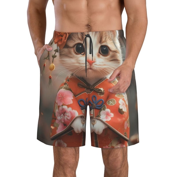 Balery Adorable Kitten In Kimono Traje de Baño Estilo Hawaiano para Hombre, Shorts de Secado Rápido con Bolsillos-X-Large