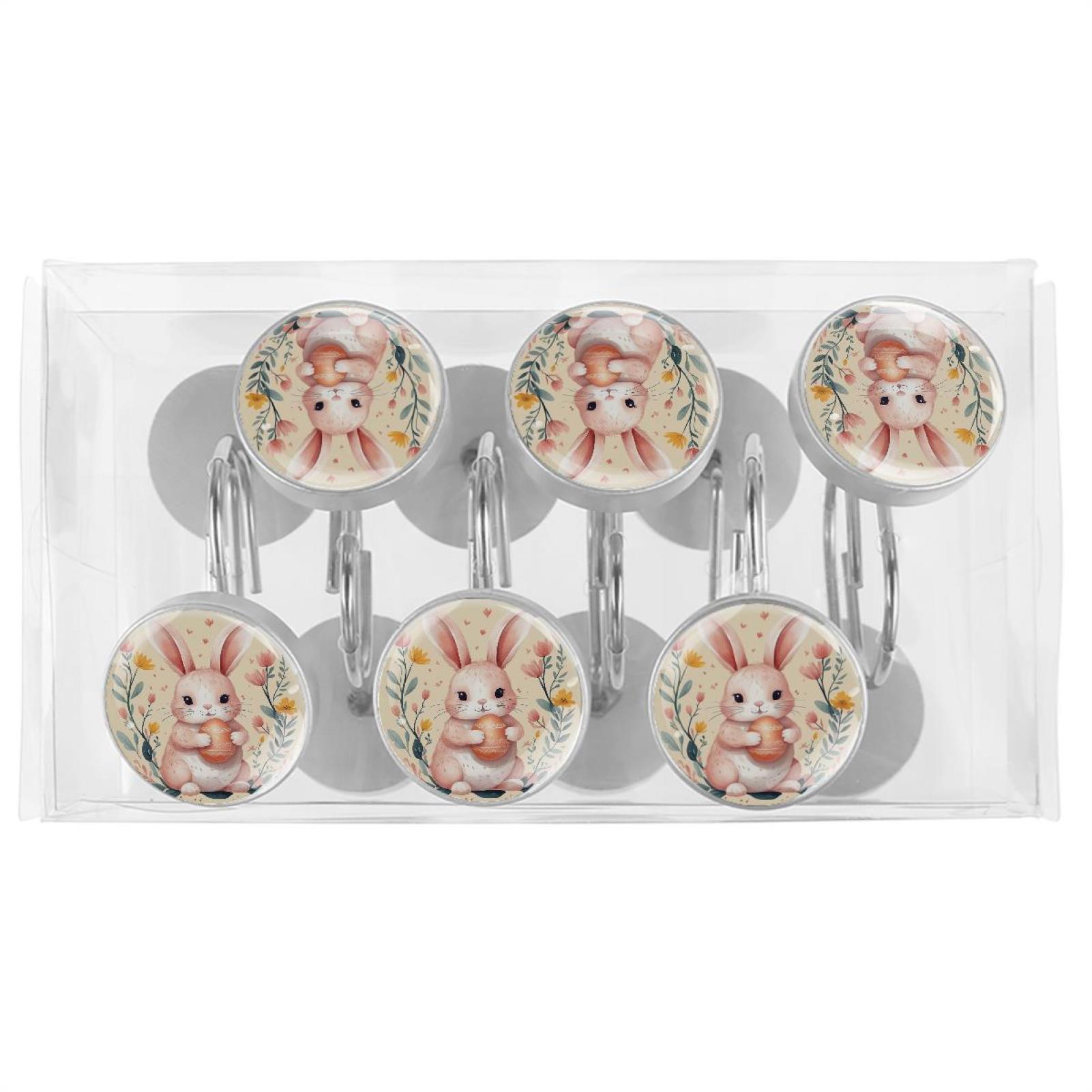 Imobaby 12 Pcs Metal Shower Curtain Hooks Rust Proof for Shower Curtain Liner - Pink Bunny Flower