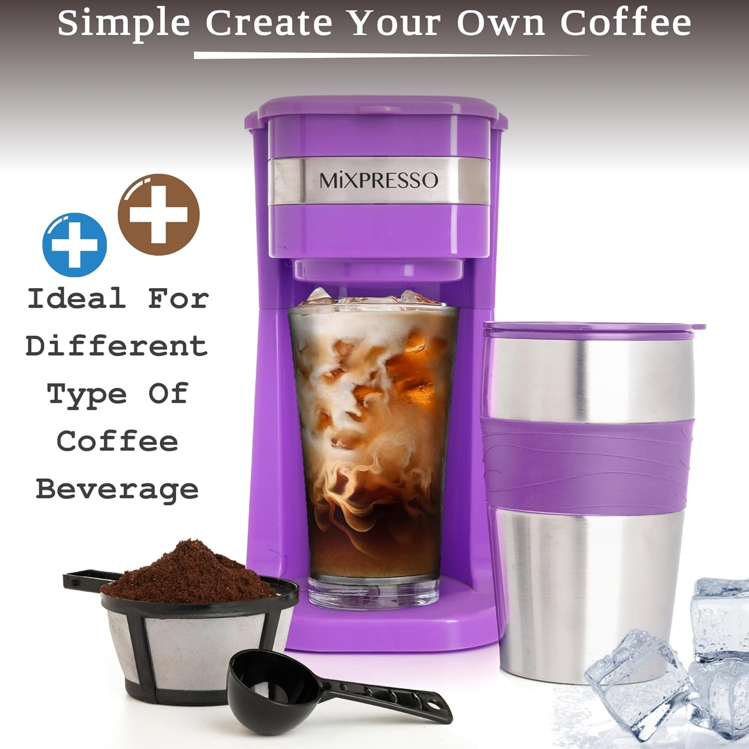 Mixpresso Single Serve Coffee Maker Ground Coffee and 14oz Travel Mug