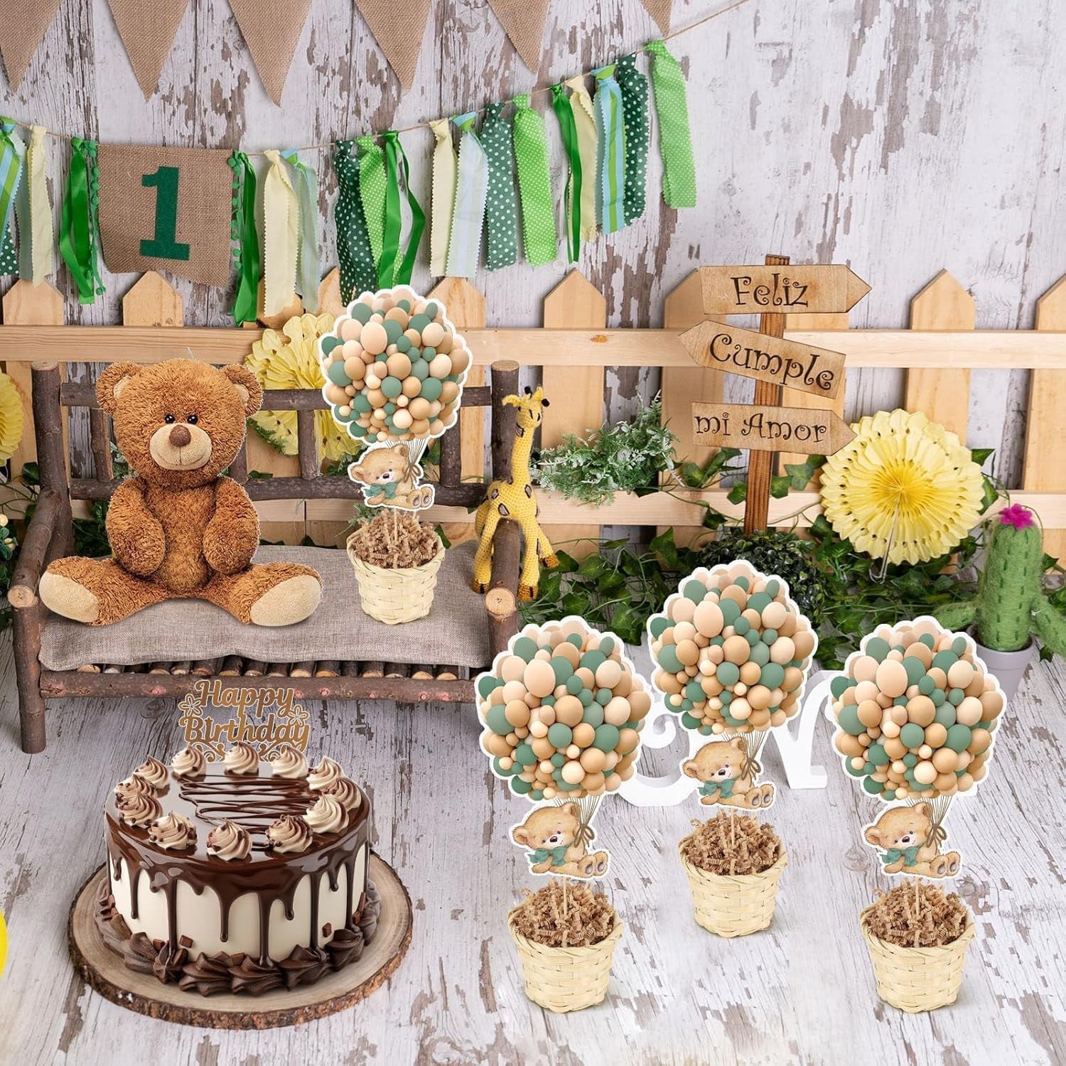 6 Set Sage Green Baby Shower Table Centerpieces Decortion Hot Air Balloon Cute Babys Bear with Bamboo Basket Lafite Garss Welcome Oh Baby We Can Bearly Wait Boy Or Girl Gender Reveal Party Favor