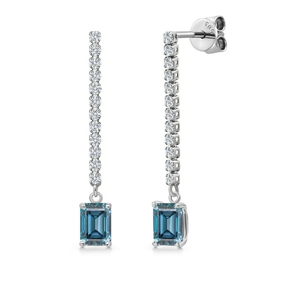 Gem Stone King 14K White Gold Persian Blue Moissanite and Lab Grown Diamond Long Liner Dangle Earrings for Women | 1.52 Cttw | Gemstone Birthstone | Octagon 6X4MM | White Gold Chain Drop Earrings
