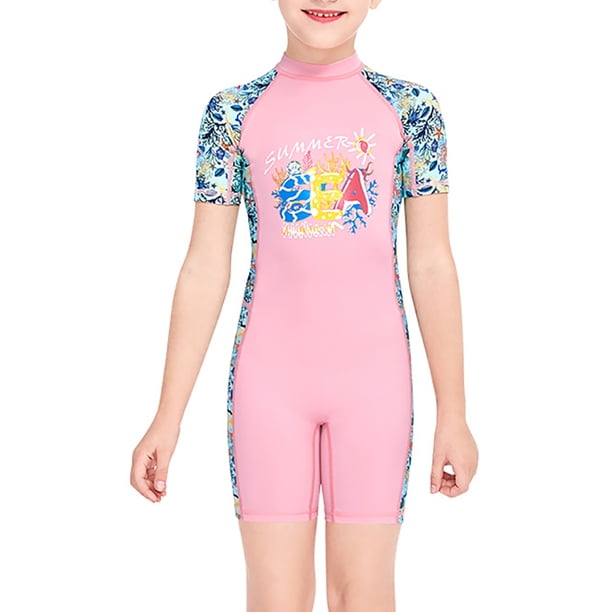 Dive Sail Girls Wetsuit UV Protección de UV Traje de baño Niños de manga corta Cuello redondo con cremallera con cremallera Traje de baño Rash Guard Shorty Steet Moder Pink XL Vogacara OD003665-04