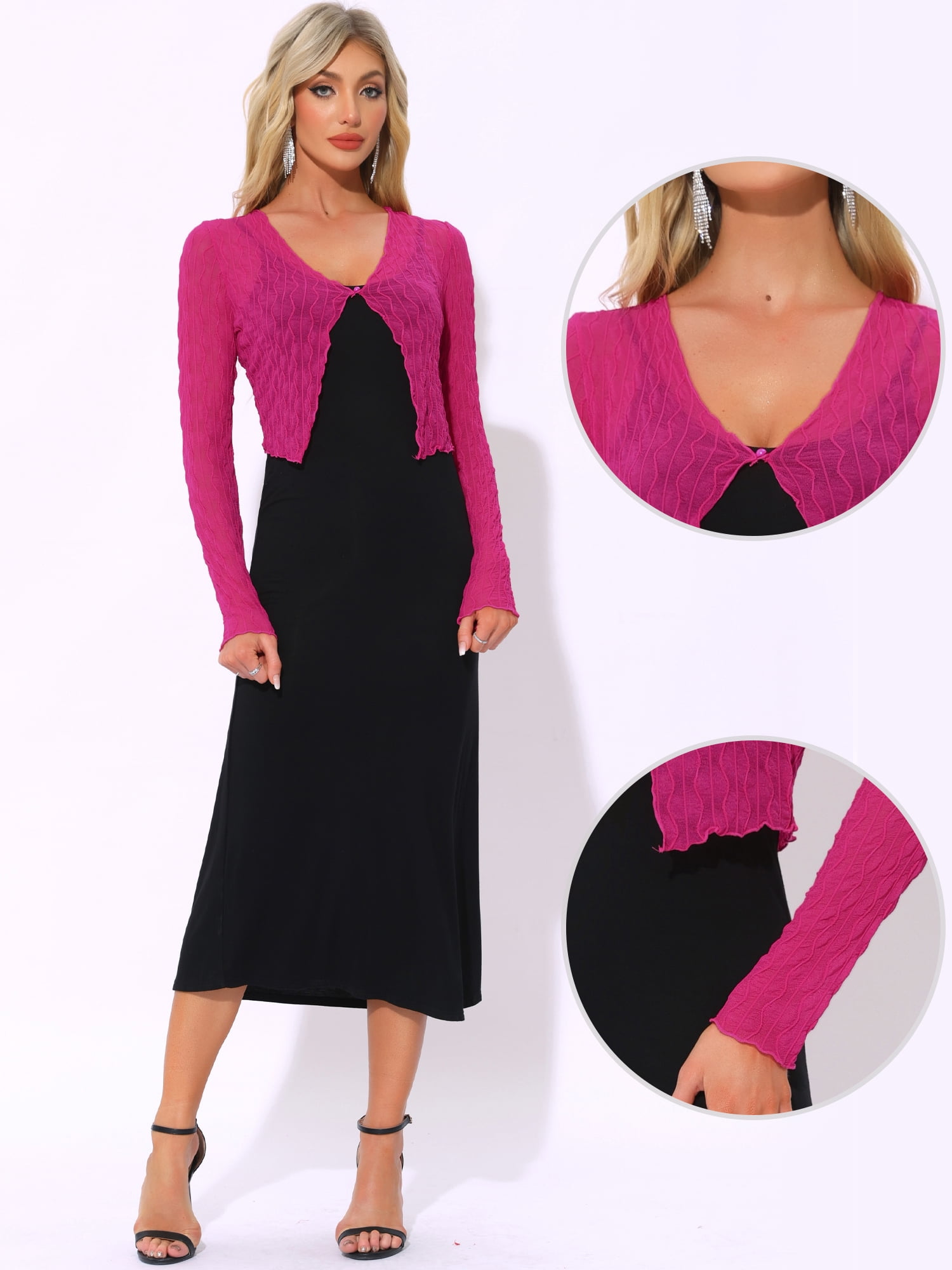 DARING DIVA Women's Bolero Shrug Sheer Mesh Tie Front Textured Crop Shrug L Hot Pink