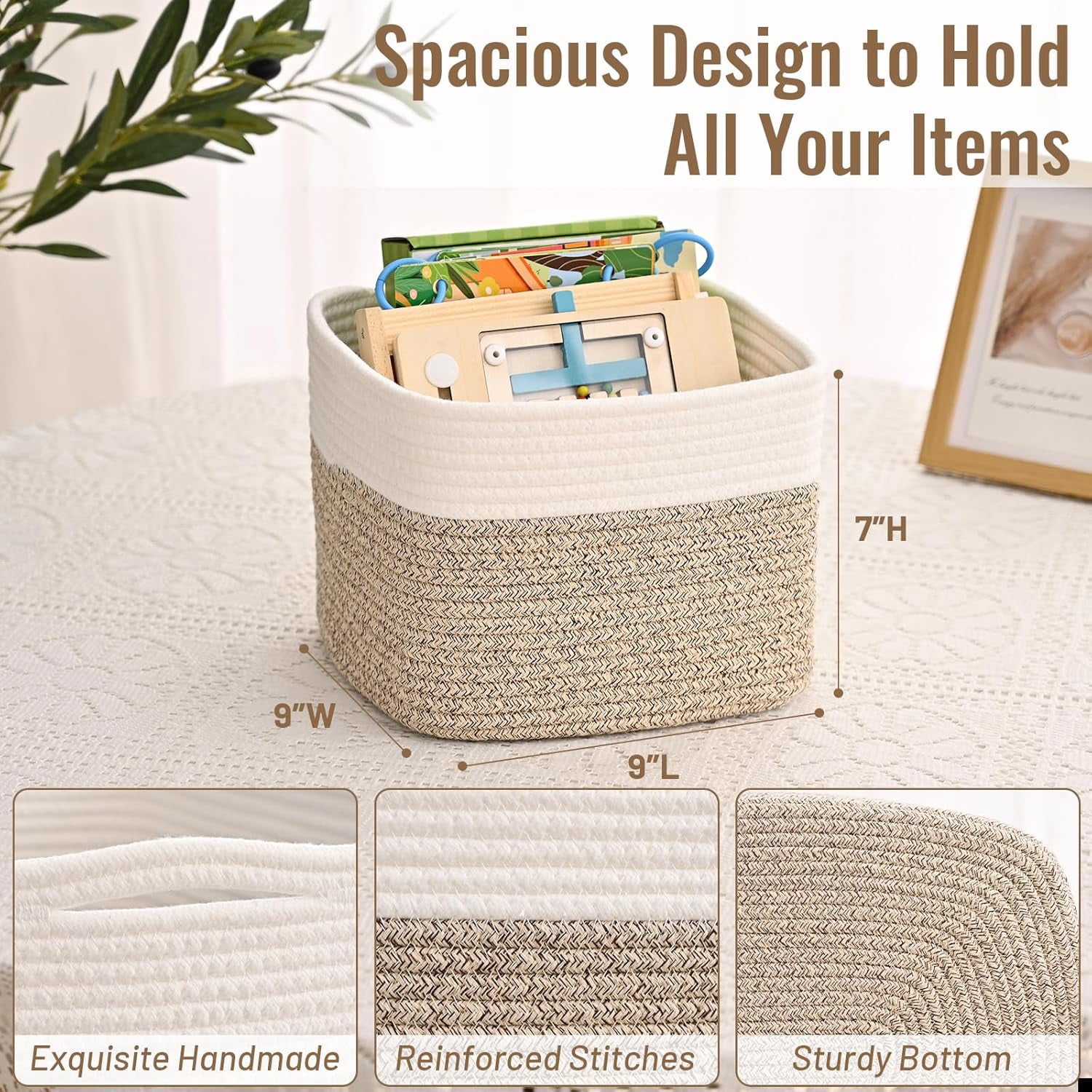Natubeau 3 Pack Woven Storage Basket, 9"x9"x7" Cotton Rope Woven Baskets for Organizing, Cube Storage Bins for Shelves, White & Jute
