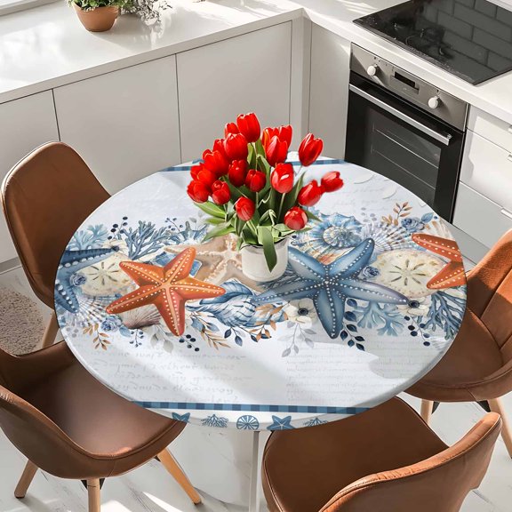 Blue Coastal Elastic Fitted Round Tablecloth Starfish Coral Ocean Beach Botanical Waterproof Outdoor Table Cover for Holiday Party, Picnic, Patio & Dining Fits Tables Up to 36"-44"