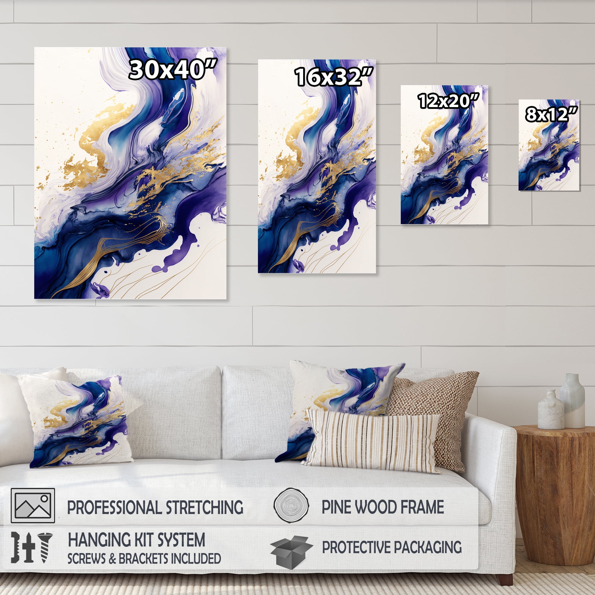 Designart Blue And Gold Splash Paint IV Canvas Wall Art