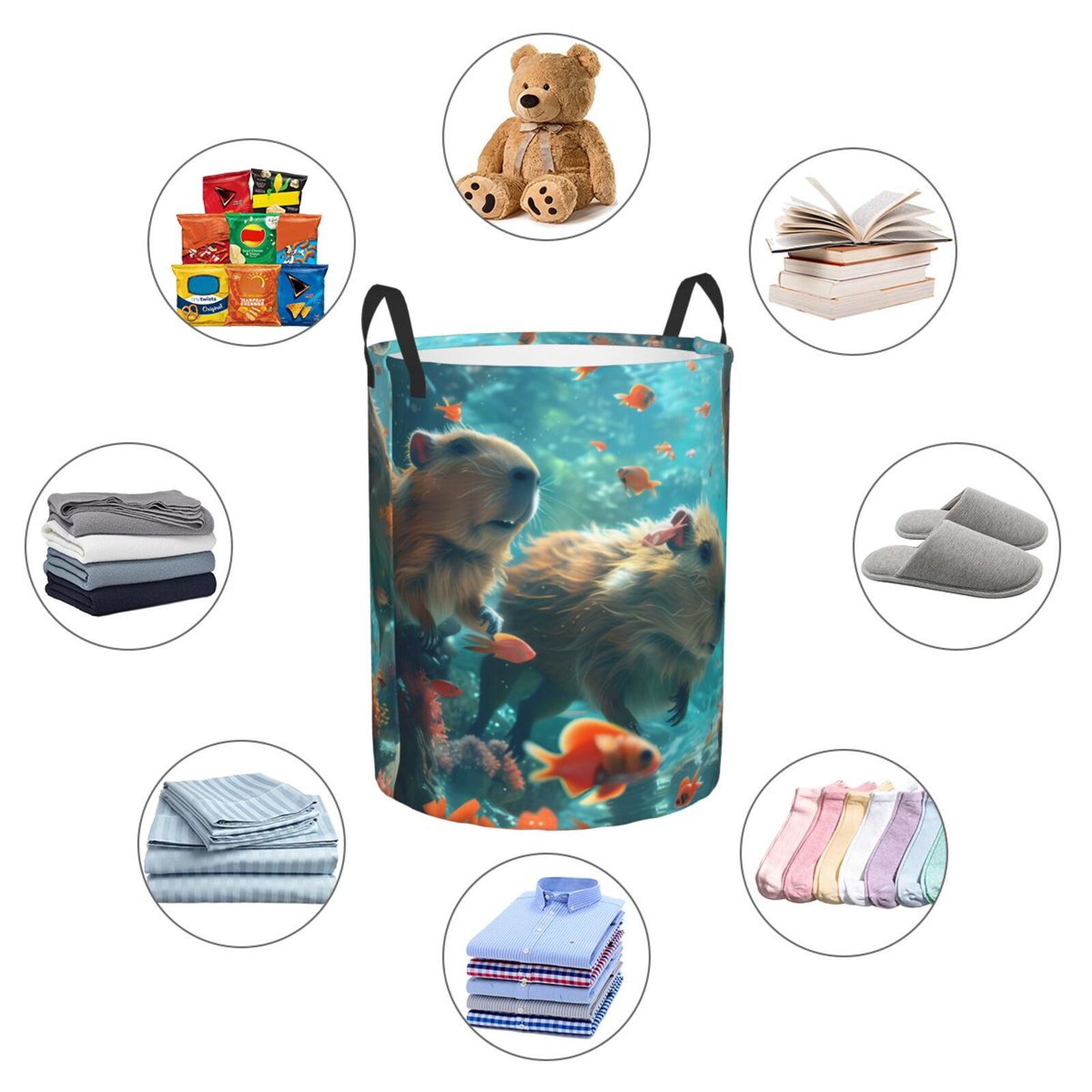 Gukieu Underwater Swimming Guinea Pig Print Round Dirty Clothes Bag, Waterproof Standing Home Bathroom Storage Basket Car Trunk Storage Bag-Small