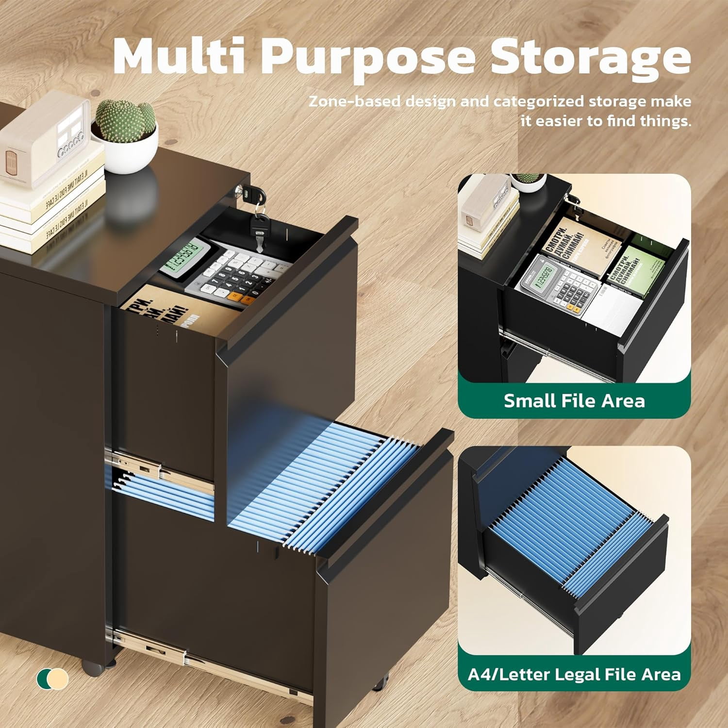 SOLAURA 2 Drawer File Cabinet with Wheels & Lock, Metal Rolling File Cabinet, Under Desk Mobile Filing Cabinet  for Office, Fits Legal/Letter/A4 Size(Unassembled, Black)
