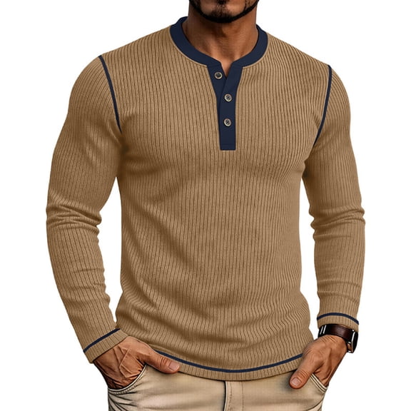 Henley Shirts for Men Ribbed Knit Long Sleeve Shirts Muscle Casual Loose Fit Color Block Trendy Fall Basic Top Lightweight Dressy Work Office Tees Business Pullovers