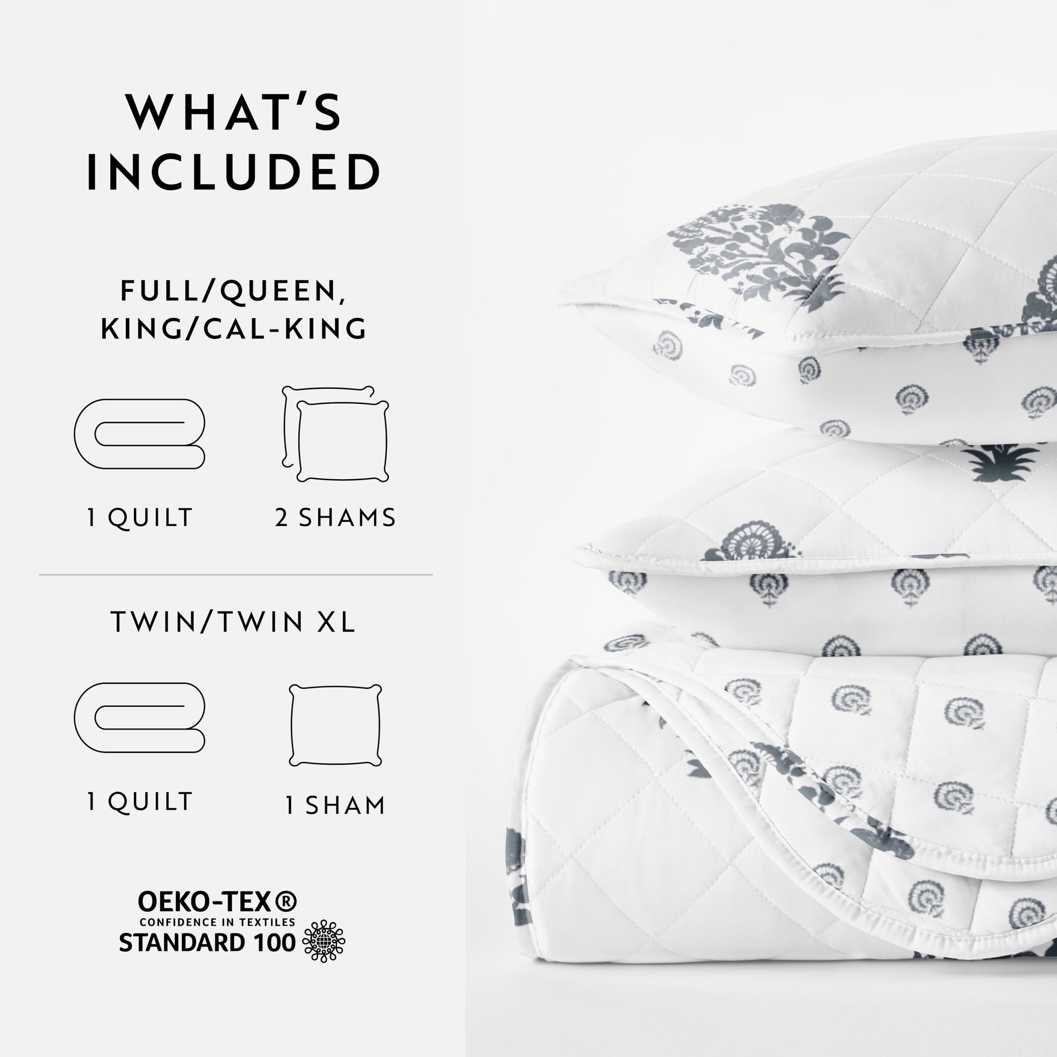 Noble Linens 3-Piece Dusk Blue Stamped Bloom Reversible Quilt Set, King