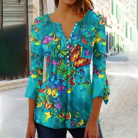 

Short Sleeve Shirts For Women Trendy Women s Casual Trumpet 3/4 Sleeve Printed Buttoned Basic Ruched Corset Tunic Tops Pleated T-shirts Blouses Womens Summer Tops 2023 Womens Tops Blouses For Women