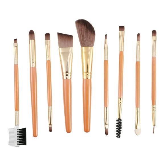 9 Pcs Makeup Brush Set Contour Concealer Blush Nylon Plastic Metal Handle Orange Gold Tone Brown
