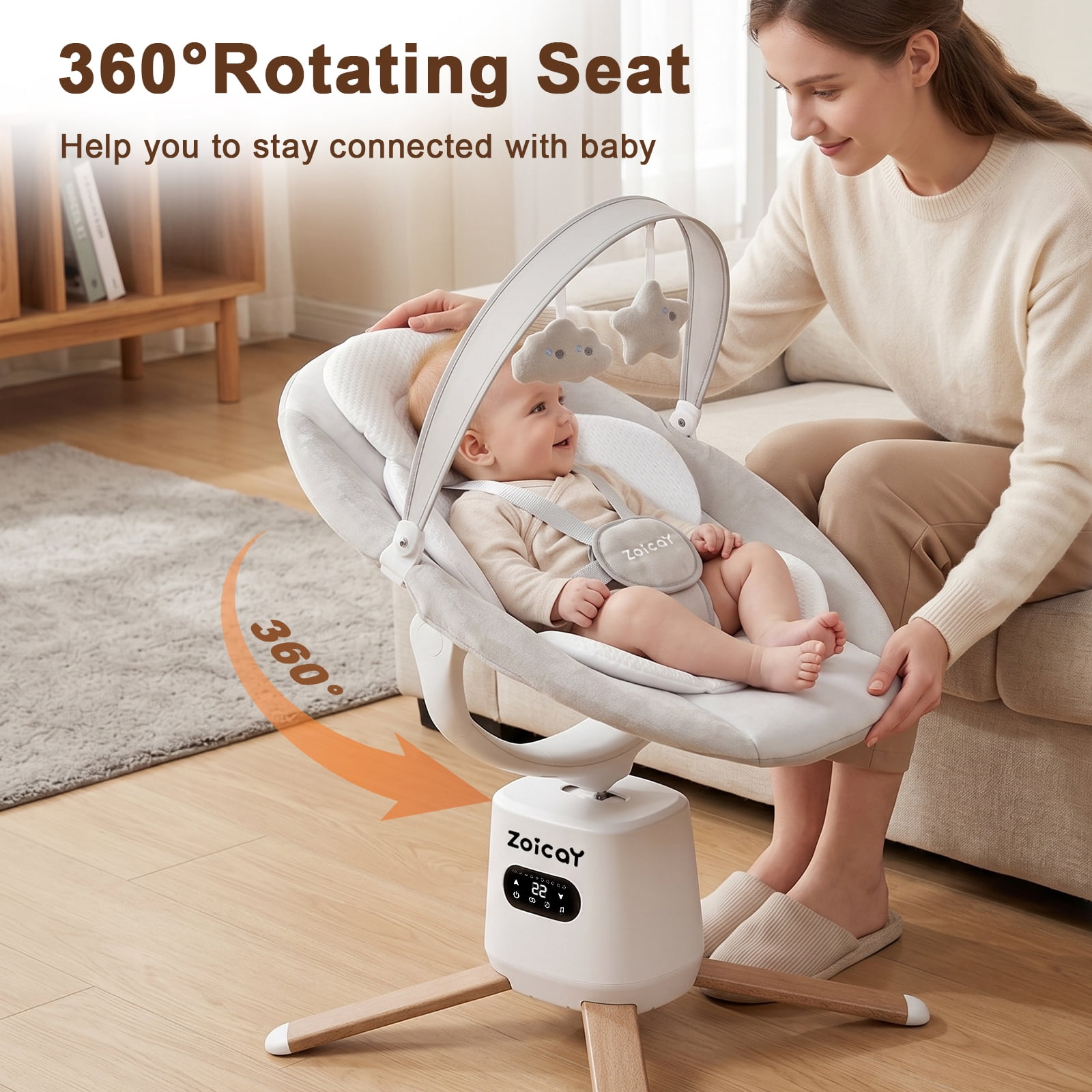 Zoicay Baby Swing, Infant Swing with 8 Motions & 8 Speeds, 360° Rotating Seat, Bluetooth Music & 6 Preset Melodies, APP Remote Control, White