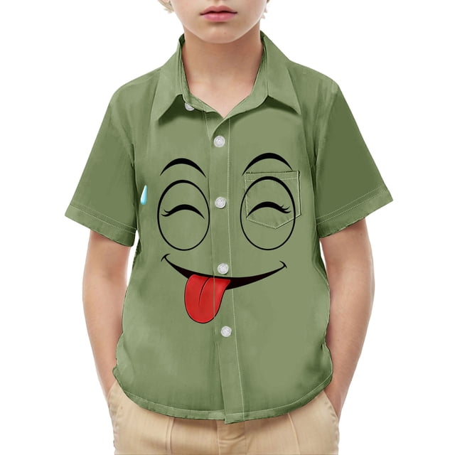 Chemise à Manches Courtes pour Enfants avec Poche et Imprimé, Haut Décontracté à Col Rond pour Garçons et Filles, Âges 2-15 Ans en Vert Armée