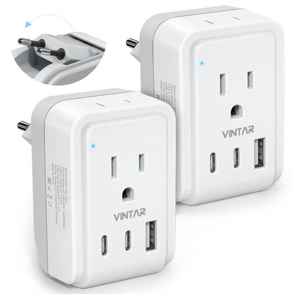 2 Pack European Travel Plug Adapter, VINTAR Foldable International Power Plug with 2 AC Outlets 3 USB Ports(2 USB C), Type C Trave