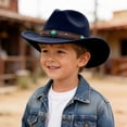 thumbnail image 2 of Povozer Kids Girls Boys Cowboy Cowgirl Hat Western Wide Brim Felt Fedora Hat with Buckle Belt,Size 3-8 Years,Navy, 2 of 5