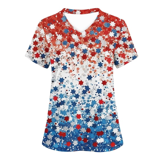 SELONE 4th of July Scrubs Top for Women with Pockets Patriotic Nursing Tops V Neck Short Sleeve Workwear Holiday Clothes