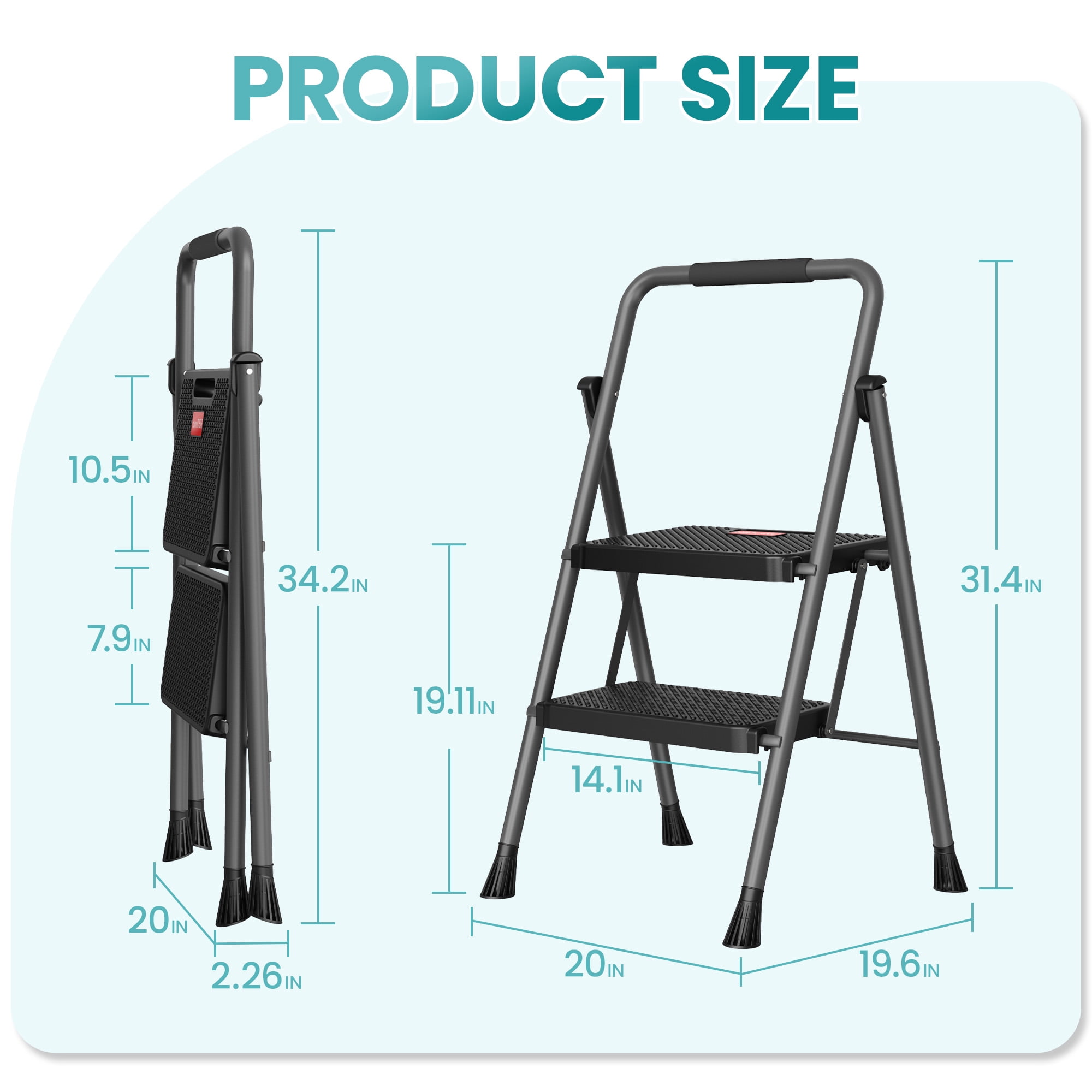 HBTower 2 Step Ladder, 330 lbs Heavy Duty Folding Step Stool, Lightweight, Portable Step Stool with Wide and Non-Slip Pedal and Convenient Handrail, for Kitchen, Garage, Outdoor Use, Gray