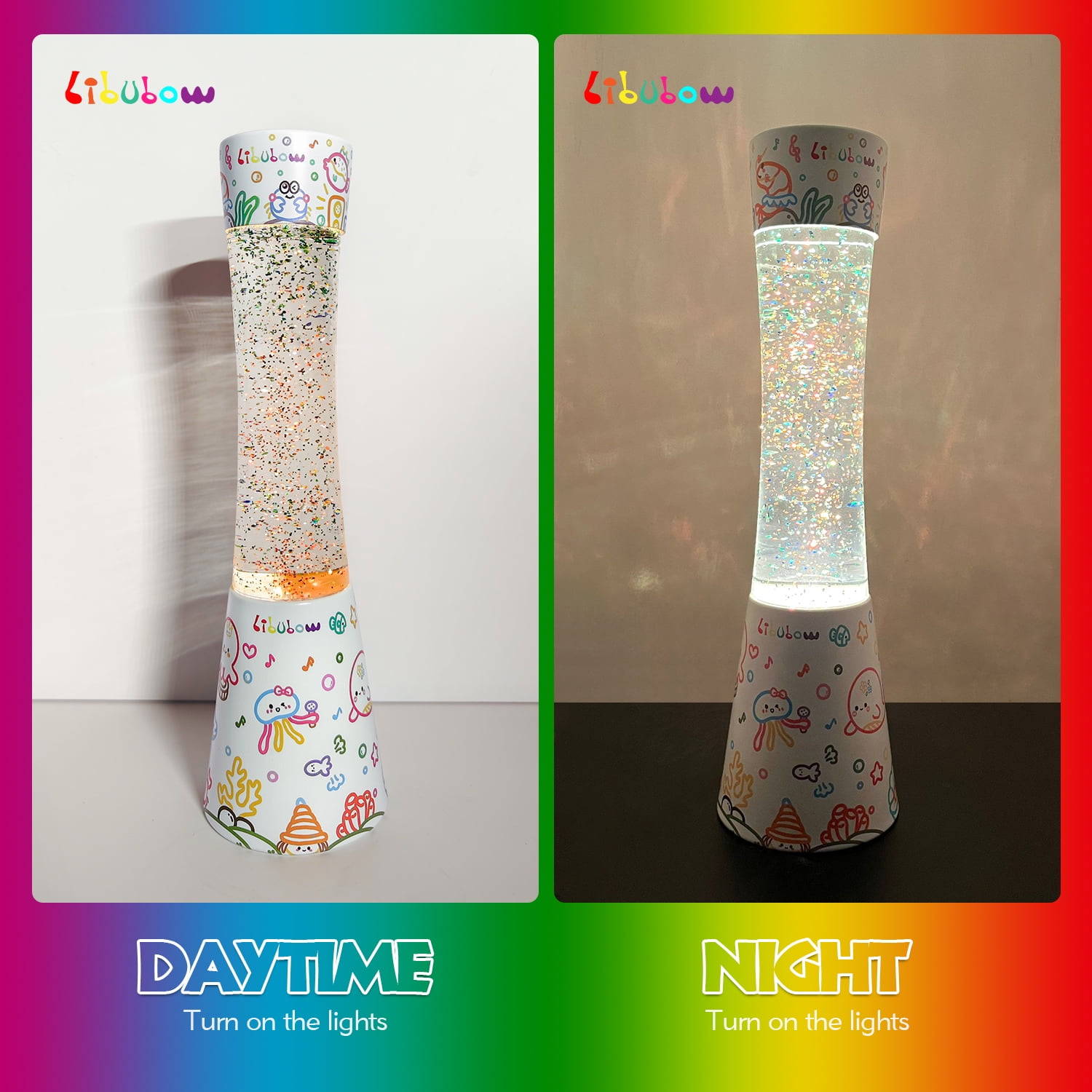 Libubow 15.5" Music Party Decal Base Rainbow Glitter Lamp, 2pcs Bulbs