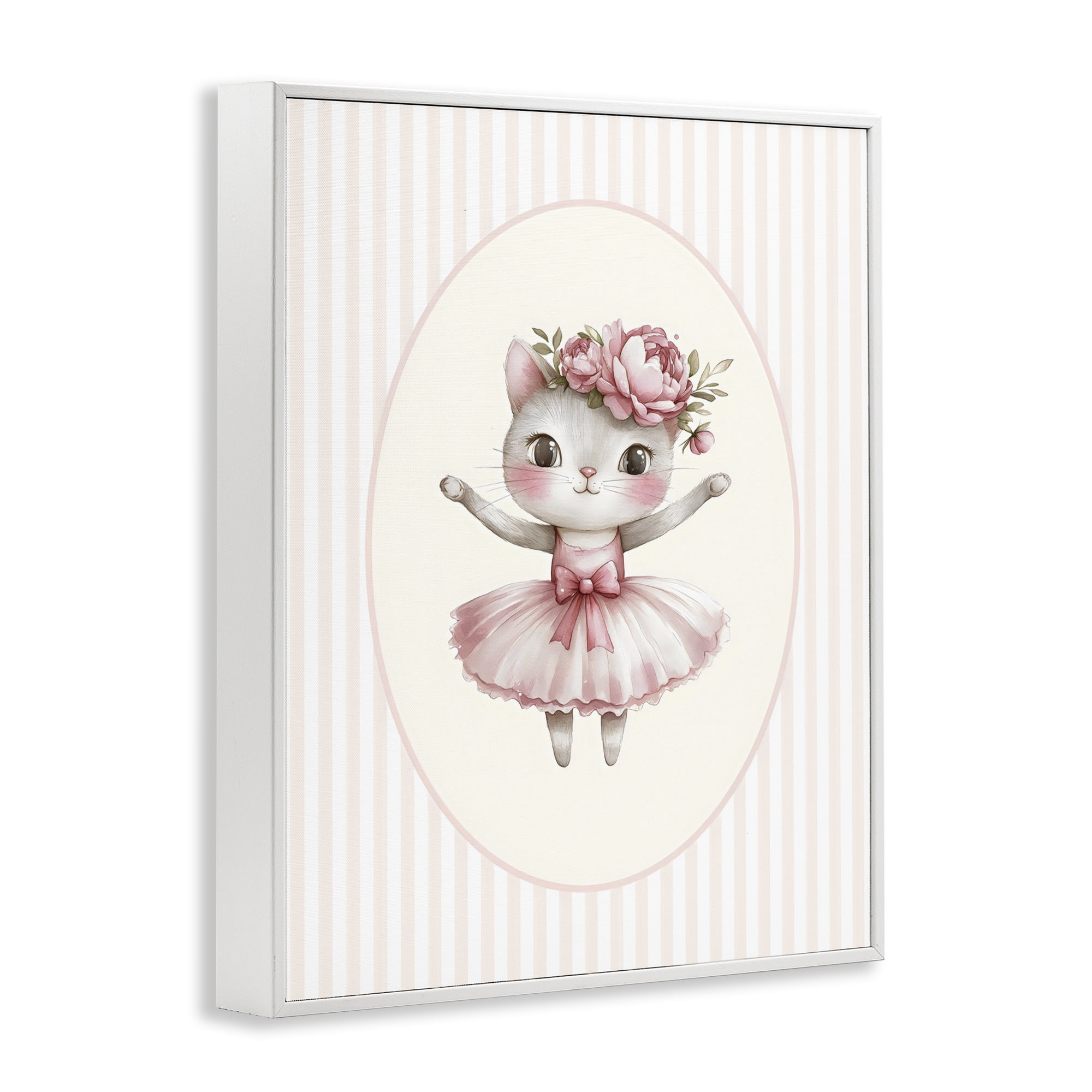 Stupell Industries Nursery Ballerina Cat Striped White Framed Giclee Art, design by LSR Design Studio