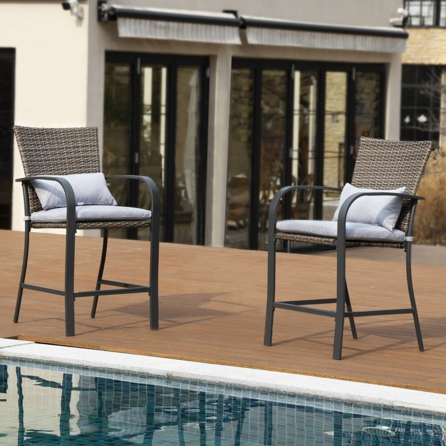 Outdoor Bar Stools Set of 2, Wicker Patio Bar Stool with Cushions & Lumbar Pillows, High Back Counter Height Chairs for Patio Deck Backyard