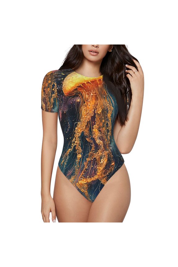 Women Bodysuits Short Sleeve Body Suits Basic Top Casual T Shirts, Jellyfish Galaxy Universe